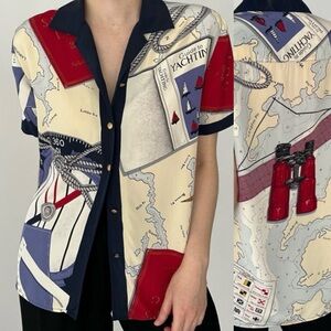 Vintage Lauren Ralph Lauren 100% Silk Button Up Shirt Nautical Yacht, Medium